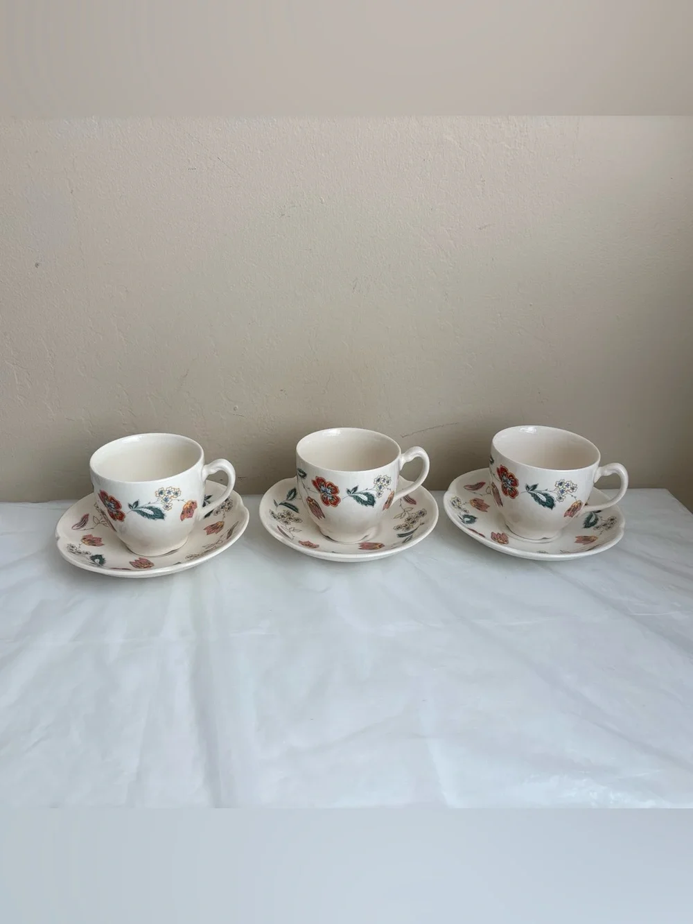 Vintage IKEA Marcella Floral Cups & Saucers scalloped rim 3 Sets 1990's England